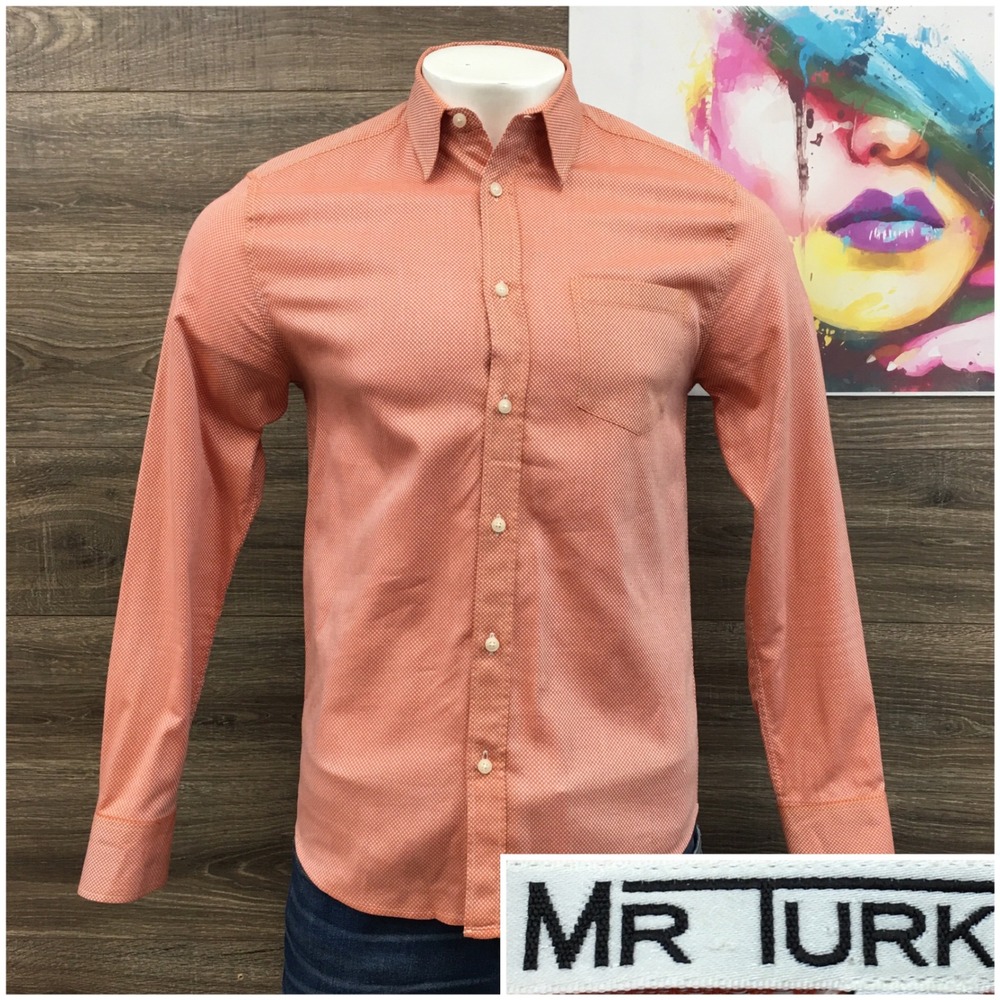 Mr Turk Mens Orange White Micro Geometric Print Button Down Shirt‎ Medium (FLAW)